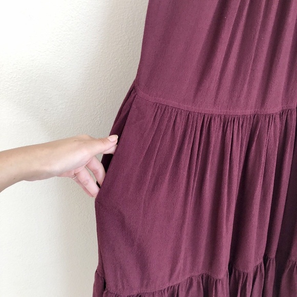 RAQUEL ALLEGRA Off Shoulder Shirred Tiered Midi Dress in Plum - Picture 6 of 9